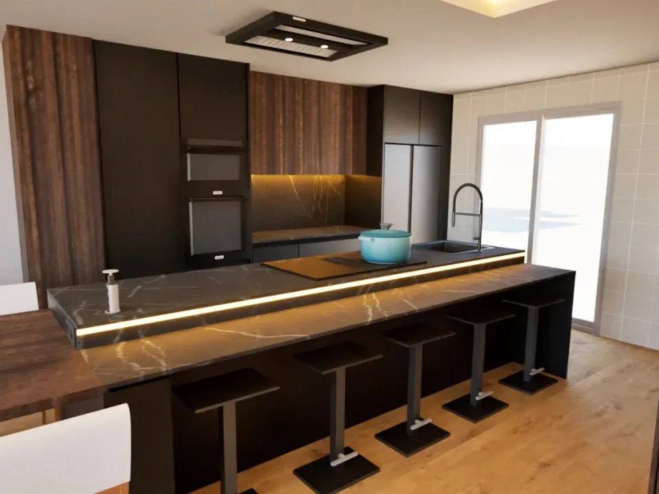 Projeto 3D de uma cozinha com ilha em pedra escura e colunas de forno
